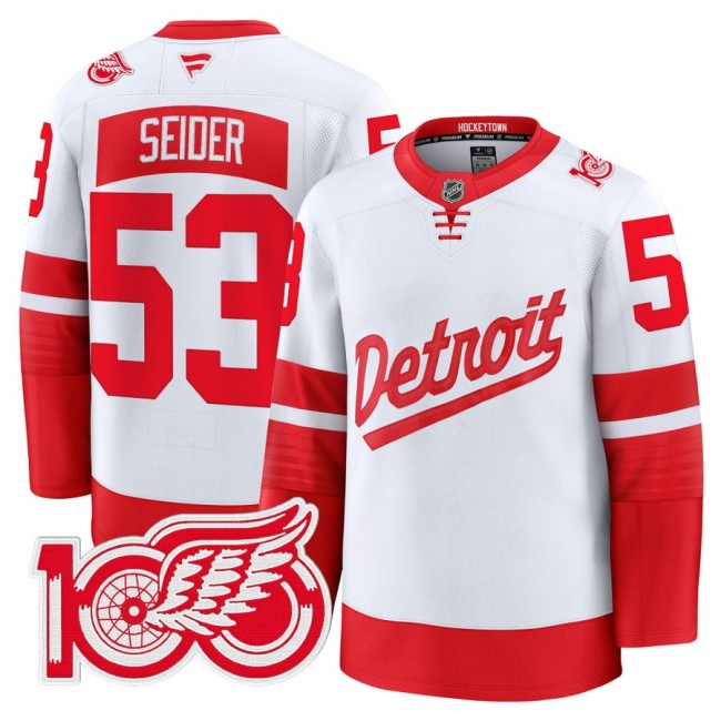 Men's Detroit Red Wings #53 Moritz Seider White Stadium Series 100th Premium Stitched Hockey Jersey