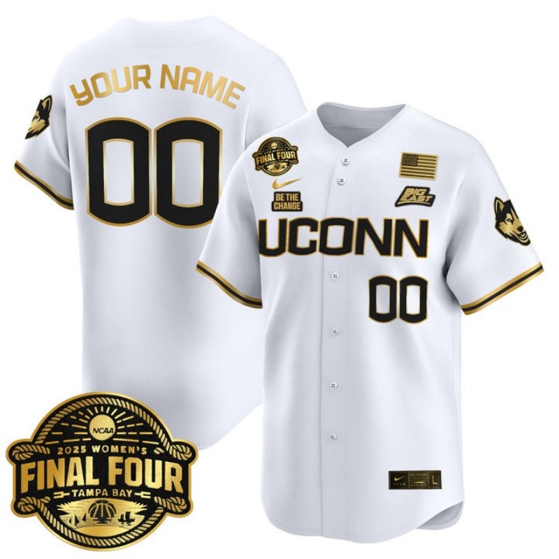 UConn Huskies Custom 2025 Big Eat Women's Final Four Patch White Gold Vapor Stitched Baseball Jersey