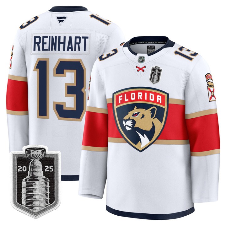 Men's Florida Panthers #13 Sam Reinhart White 2025 Stanley Cup Final Premium Stitched NHL Hockey Jersey