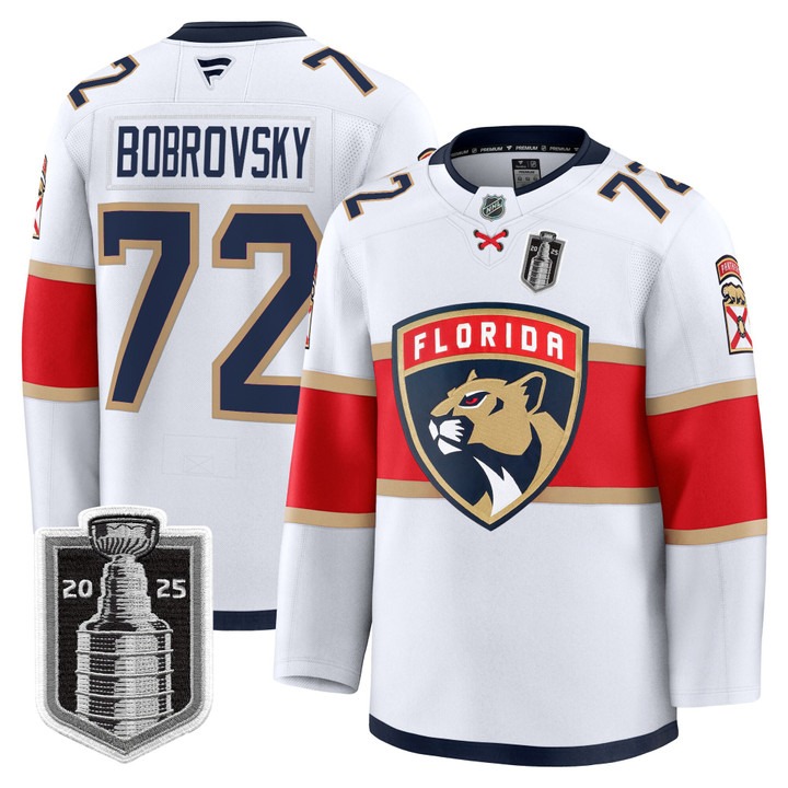 Men's Florida Panthers #72 Sergei Bobrovsky White 2025 Stanley Cup Final Premium Stitched NHL Hockey Jersey