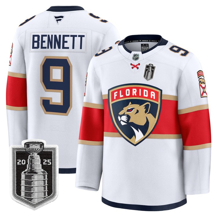 Men's Florida Panthers #9 Sam Bennett White 2025 Stanley Cup Final Premium Stitched NHL Hockey Jersey