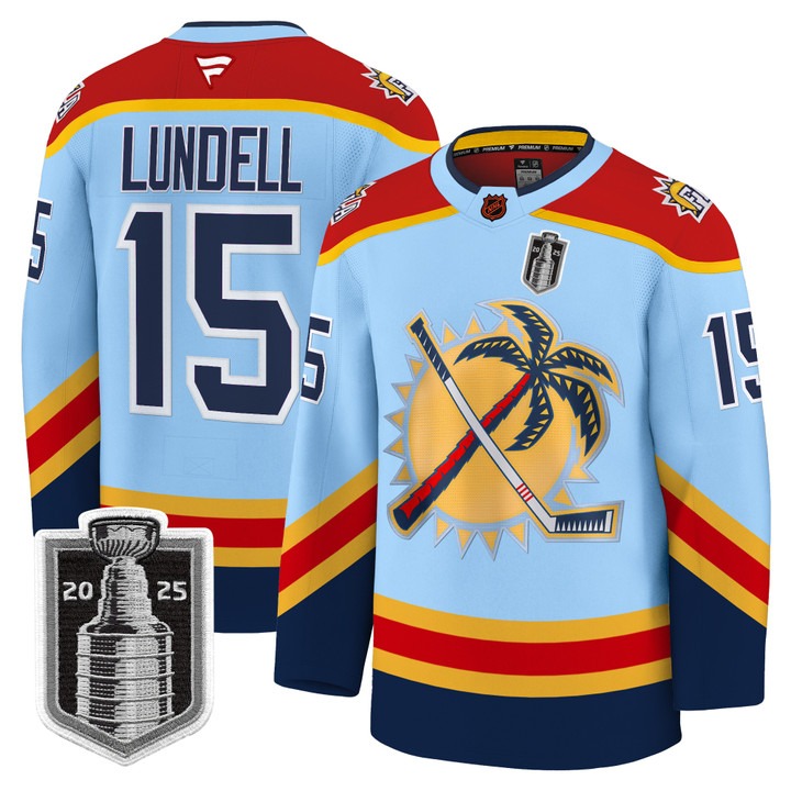 Men's Florida Panthers #15 Anton Lundell Blue 2025 Stanley Cup Final Premium Stitched NHL Hockey Jersey