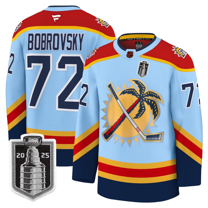 Men's Florida Panthers #72 Sergei Bobrovsky Blue 2025 Stanley Cup Final Premium Stitched NHL Hockey Jersey
