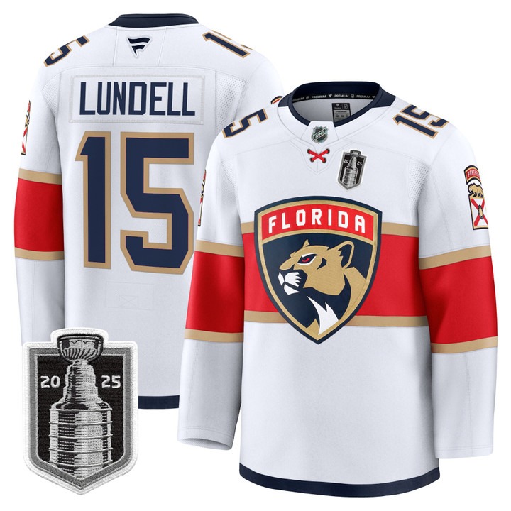 Men's Florida Panthers #15 Anton Lundell White 2025 Stanley Cup Final Premium Stitched NHL Hockey Jersey
