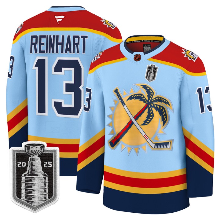 Men's Florida Panthers #13 Sam Reinhart Blue 2025 Stanley Cup Final Premium Stitched NHL Hockey Jersey