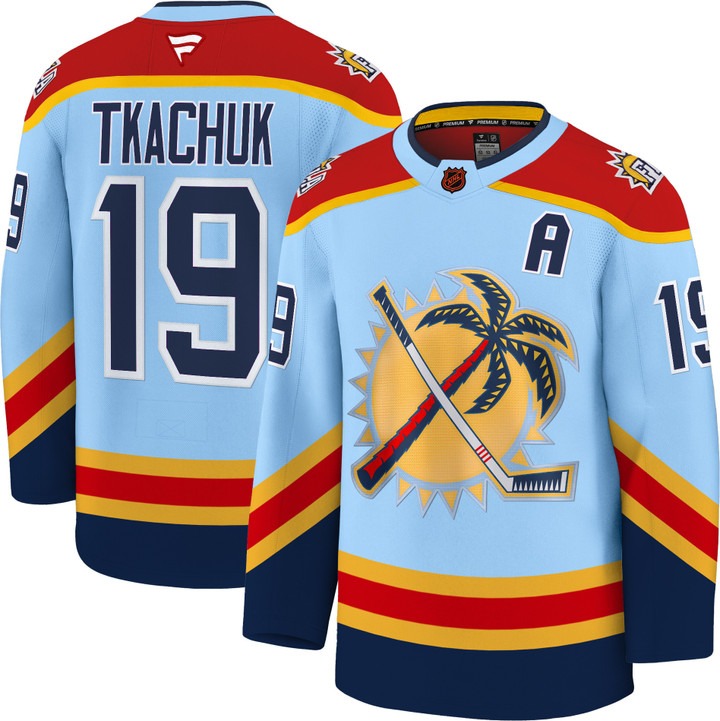 Men's Florida Panthers #19 Matthew Tkachuk Blue 2025 Stanley Cup Final Premium Stitched NHL Hockey Jersey