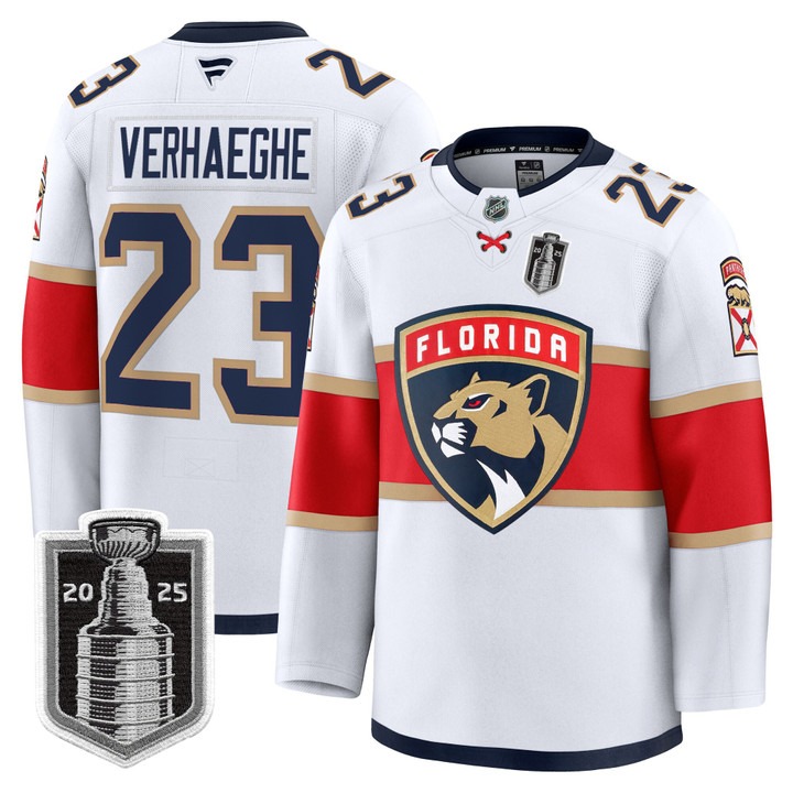 Men's Florida Panthers #23 Carter Verhaeghe White 2025 Stanley Cup Final Premium Stitched NHL Hockey Jersey