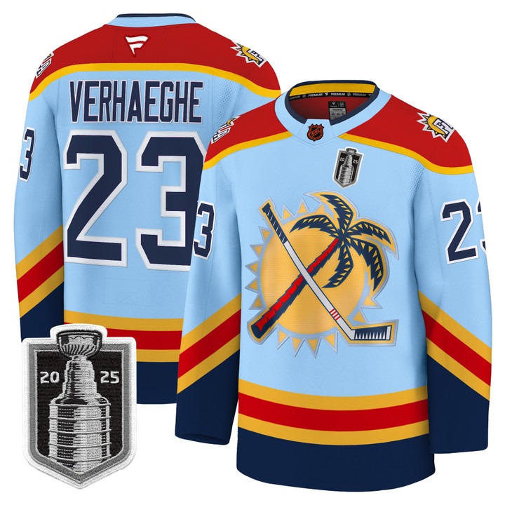 Men's Florida Panthers #23 Carter Verhaeghe Blue 2025 Stanley Cup Final Premium Stitched NHL Hockey Jersey