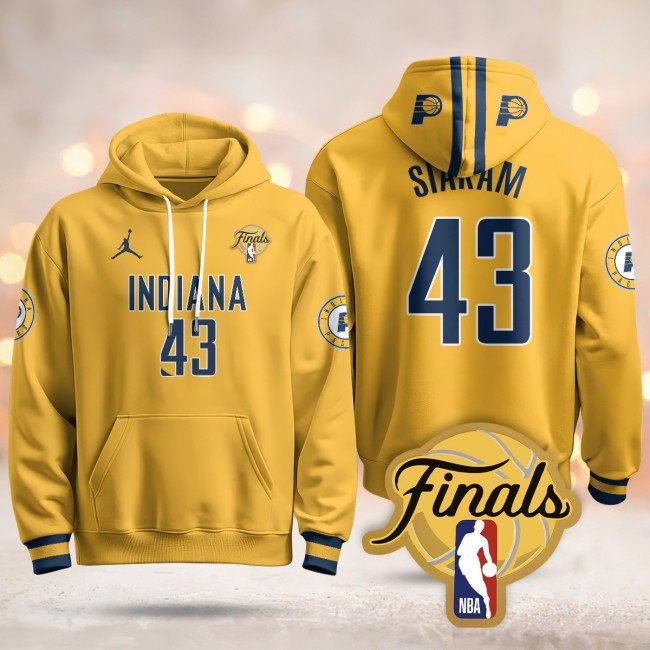 Men's Indiana Pacers #43 Pascal Siakam Yellow Statement 2025 Finals Patch Stitched Hoodie