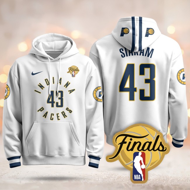 Men's Indiana Pacers #43 Pascal Siakam White Association 2025 Finals Patch Stitched Hoodie