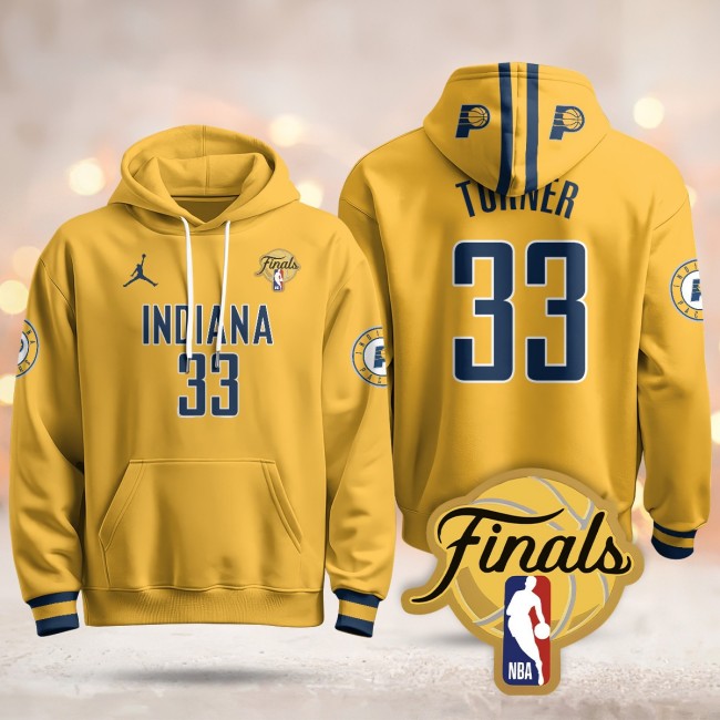 Men's Indiana Pacers #33 Myles Turner Yellow Statement 2025 Finals Patch Stitched Hoodie