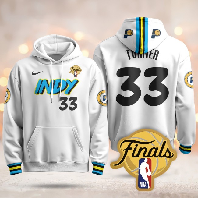 Men's Indiana Pacers #33 Myles Turner White 2024-25 City Finals Patch Stitched Hoodie