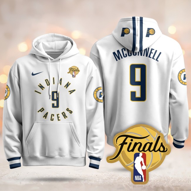 Men's Indiana Pacers #9 T.J. McConnell White Association 2025 Finals Patch Stitched Hoodie