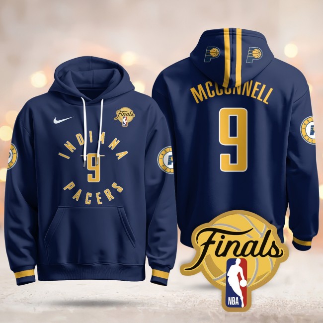 Men's Indiana Pacers #9 Navy T.J. McConnell Icon 2025 Finals Patch Stitched Hoodie