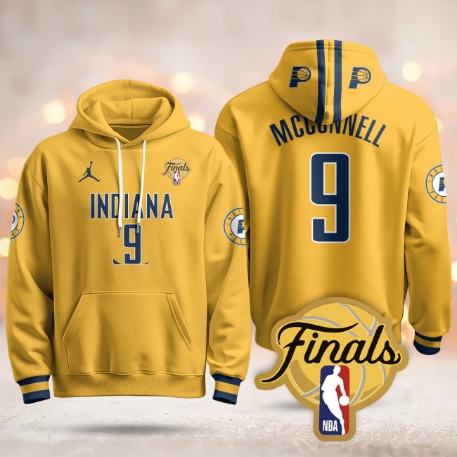 Men's Indiana Pacers #9 T.J. McConnell Yellow Statement 2025 Finals Patch Stitched Hoodie