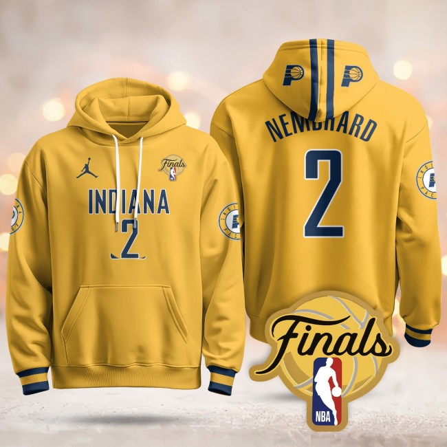 Men's Indiana Pacers #2 Andrew Nembhard Yellow Statement 2025 Finals Patch Stitched Hoodie