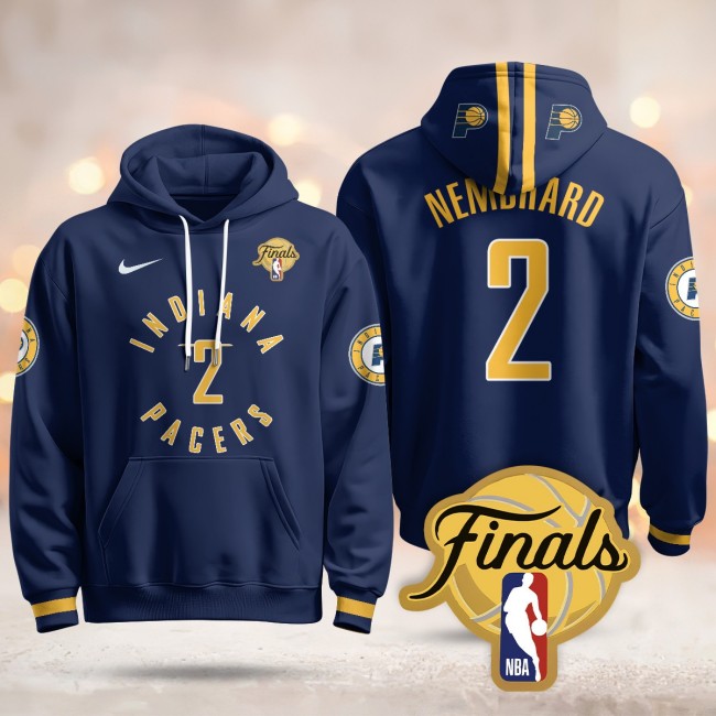 Men's Indiana Pacers #2 Andrew Nembhard Navy Icon 2025 Finals Patch Stitched Hoodie