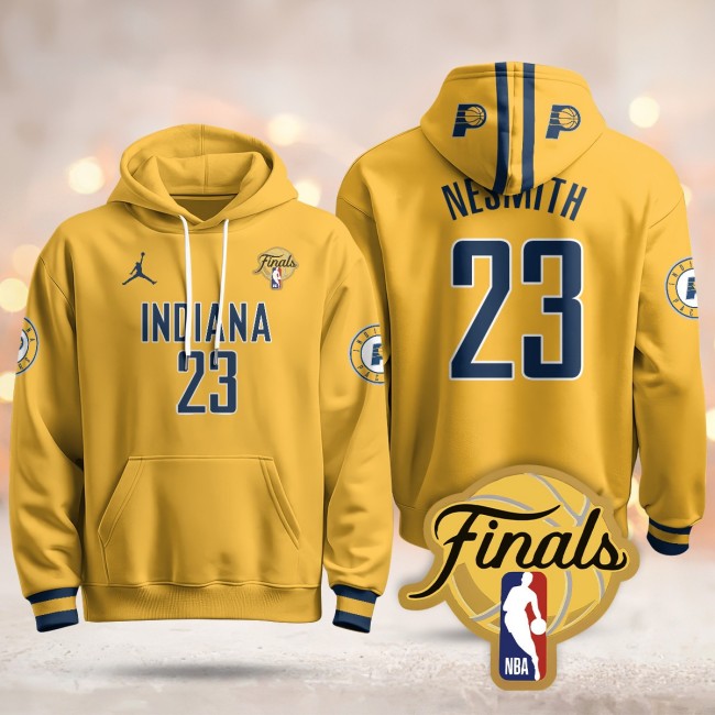 Men's Indiana Pacers #23 Aaron Nesmith Yellow Statement 2025 Finals Patch Stitched Hoodie