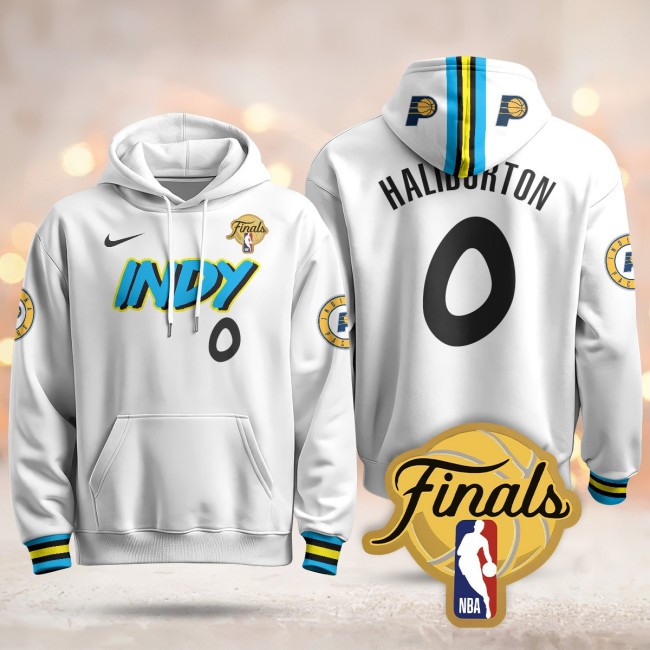 Men's Indiana Pacers #0 Tyrese Haliburton White 2024-25 City Finals Patch Stitched Hoodie