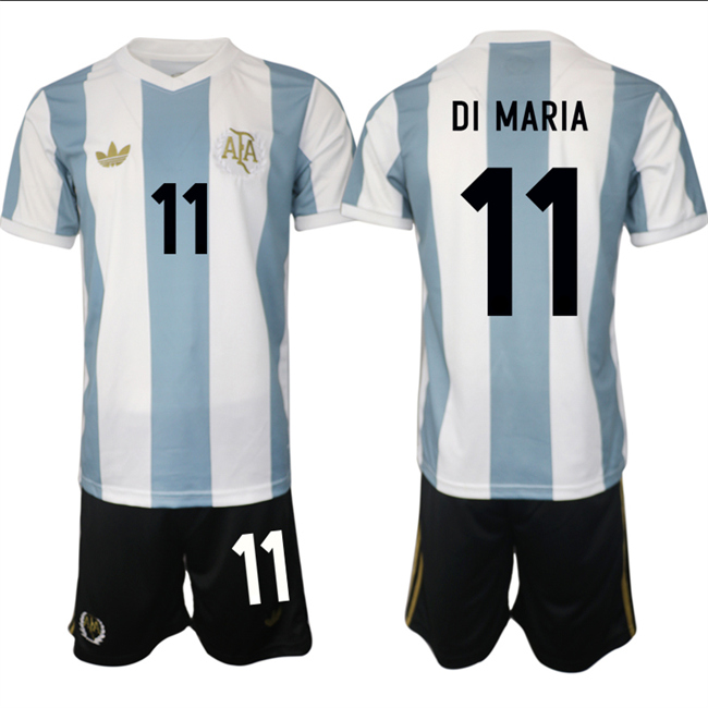 Men's Argentina #11 Angel Fabian Di María White Blue 2024-25 50th Anniversary Home Soccer Jersey Suit