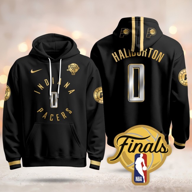 Men's Indiana Pacers #0 Tyrese Haliburton Black Gold 2025 Finals Patch Stitched Hoodie