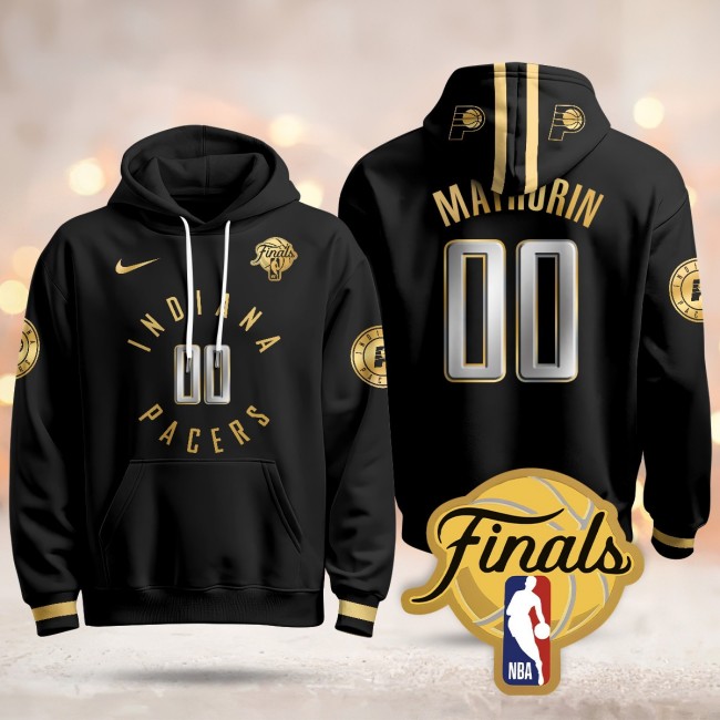 Men's Indiana Pacers #00 Bennedict Mathurin Black Gold 2025 Finals Patch Stitched Hoodie