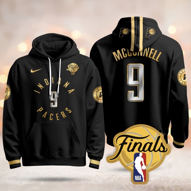 Men's Indiana Pacers #9 T.J. McConnell Black Gold 2025 Finals Patch Stitched Hoodie