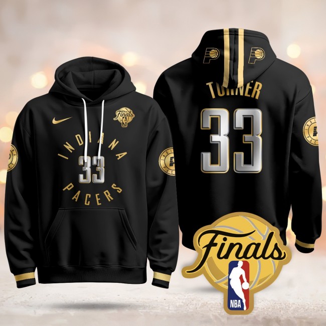 Men's Indiana Pacers #33 Myles Turner Black Gold 2025 Finals Patch Stitched Hoodie