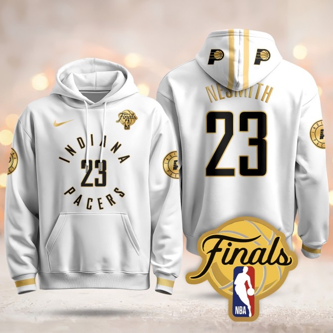 Men's Indiana Pacers #23 Aaron Nesmith White Gold 2025 Finals Patch Stitched Hoodie
