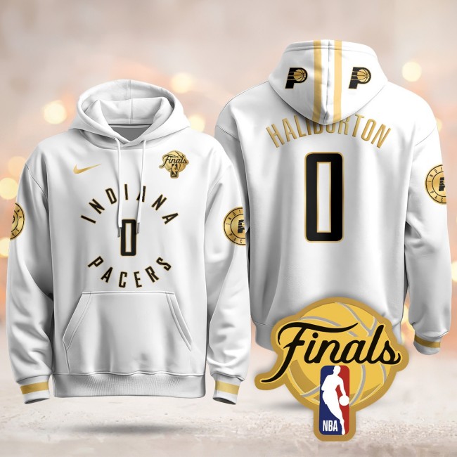 Men's Indiana Pacers #0 Tyrese Haliburton White Gold 2025 Finals Patch Stitched Hoodie