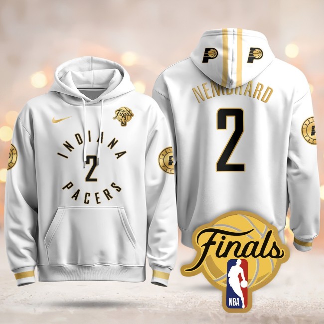 Men's Indiana Pacers #2 Andrew Nembhard White Gold 2025 Finals Patch Stitched Hoodie