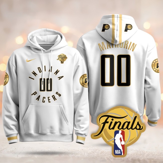 Men's Indiana Pacers #00 Bennedict Mathurin White Gold 2025 Finals Patch Stitched Hoodie