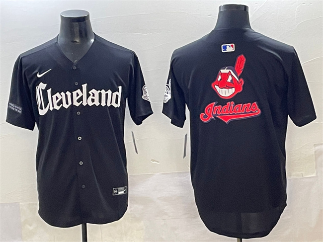 Men's Cleveland Indians Team Big Logo Black Gothic Vapor Premier Limited Stitched Baseball Jersey