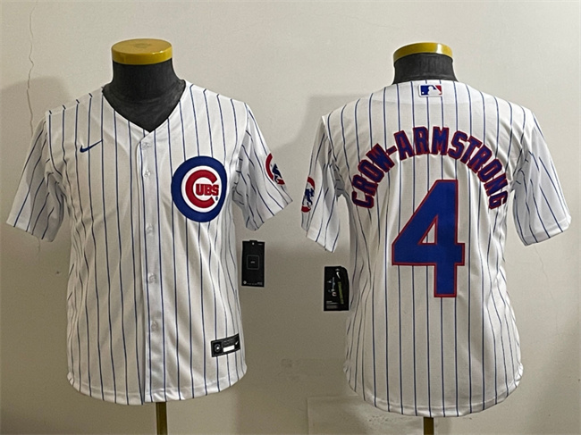 Youth Chicago Cubs #4 Pete Crow-Armstrong White Cool Base Stitched Baseball Jersey