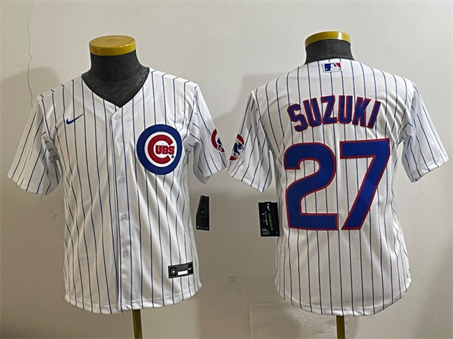 Youth Chicago Cubs #27 Seiya Suzuki White Cool Base Stitched Baseball Jersey