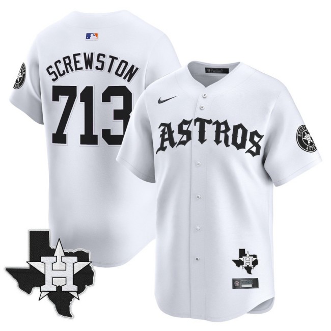 Men's Houston Astros #713 Screwston 'Old English Edition' White Vapor Premier Limited Stitched Baseball Jersey - State Map Patch
