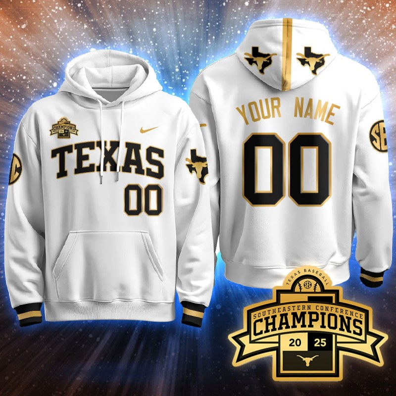 Nike Texas Baseball 2025 Southeastern Conference Champions Custom Hoodie White Gold - All Stitched
