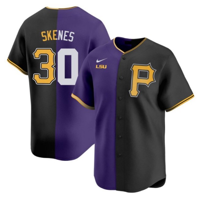 Men's Pittsburgh Pirates x LSU Tigers #30 Paul Skenes Split Stitched Baseball Jersey
