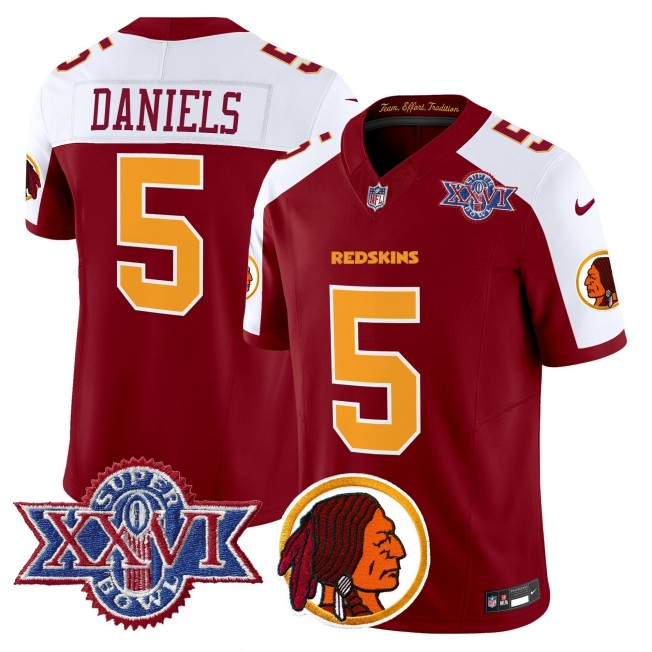 Men's Washington Redskins #5 Jayden Daniels Burgundy White Throwback 1992 Super Bowl XXVI Patch Nike Vapor Limited NFL Jersey