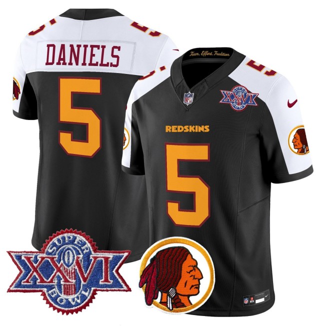 Men's Washington Redskins #5 Jayden Daniels Black White Throwback 1992 Super Bowl XXVI Patch Nike Vapor Limited NFL Jersey