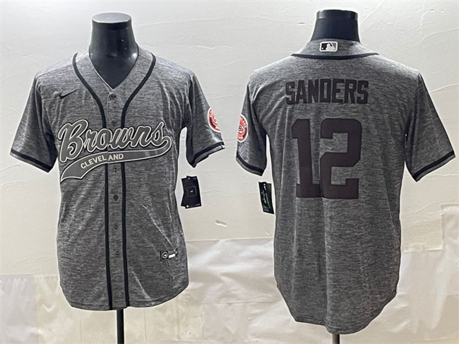 Men's Cleveland Browns #12 Shedeur Sanders Grey With Patch Cool Base Stitched Baseball Jersey