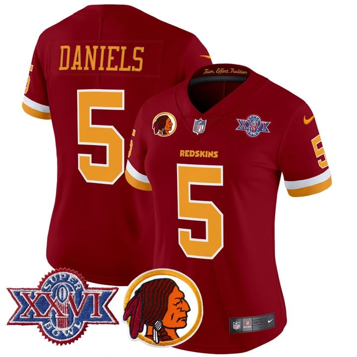 Nike Women's Washington Redskins #5 Jayden Daniels 1992 Super Bowl XXVI Patch Vapor Limited Stitched Throwback Jersey V2 Burgundy