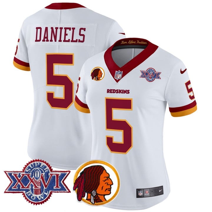 Nike Women's Washington Redskins #5 Jayden Daniels 1992 Super Bowl XXVI Patch Vapor Limited Stitched Throwback Jersey V2 White