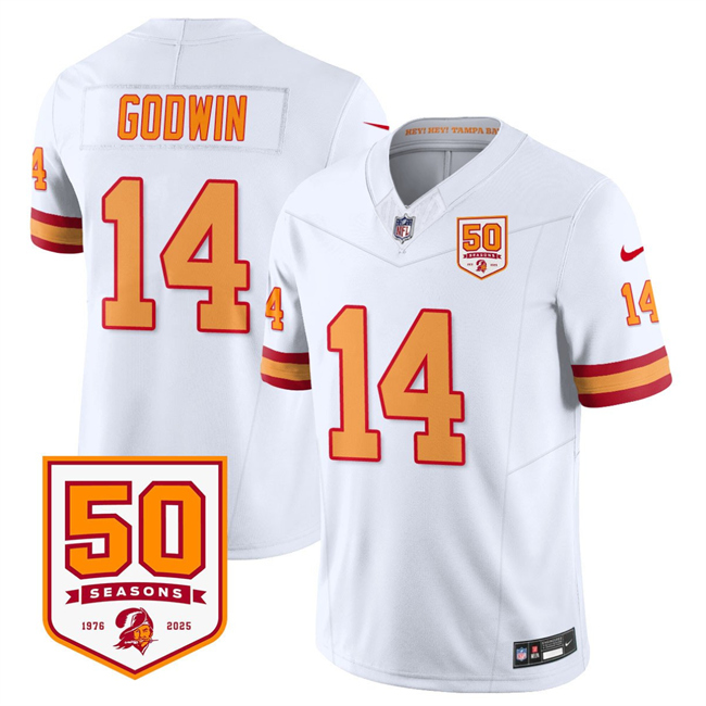 Men's Tampa Bay Buccaneers #14 Chris Godwin White 2025 F.U.S.E. 50th Anniversary Patch Vapor Limited Stitched Jersey