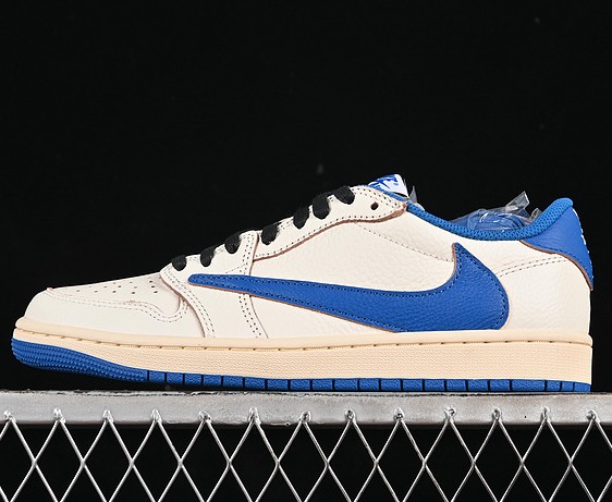 Men's Fragment Design x Travis Scott x Air Jordan 1 Retro Low OG SP Sail Black Muslin Military Blue Sneaker - DM7866-104 Cream