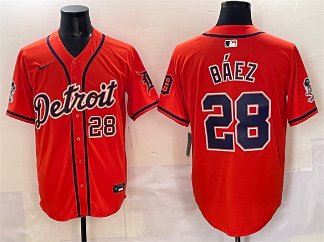 Men's Detroit Tigers #28 Javier Baez Orange With Patch Vapor Premier Limited Stitched Baseball Jersey