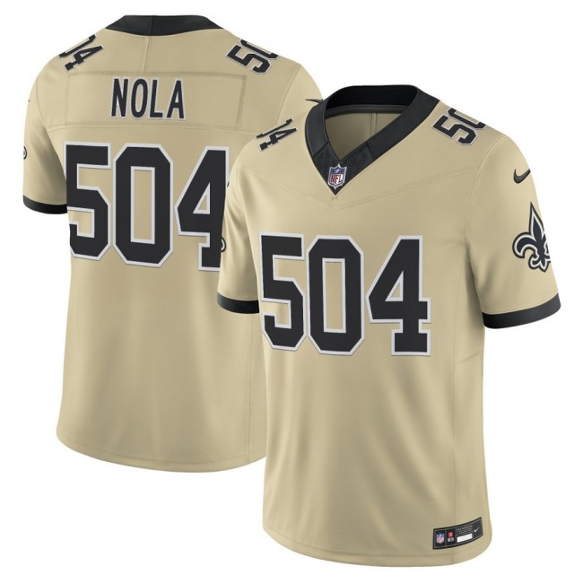 Men's New Orleans Saints 504 NOLA Nike Gameday Golds 2025 F.U.S.E. Alternate Vapor Limited Stitched Football Jersey - Gold