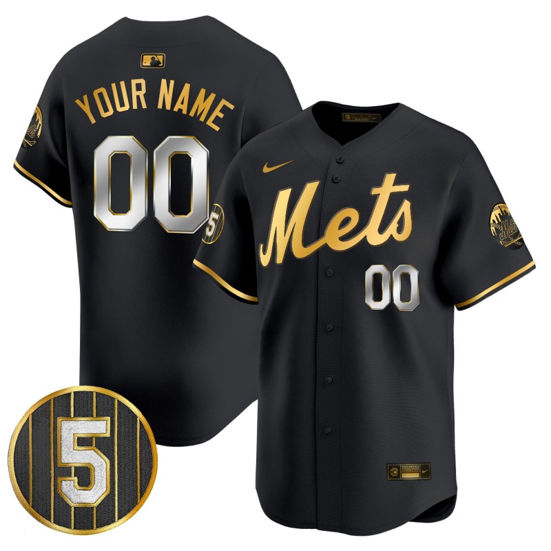 Mets Custom #5 David Wright Number Retirement Patch Nike Limited Stitched MLB Jersey - Black Gold