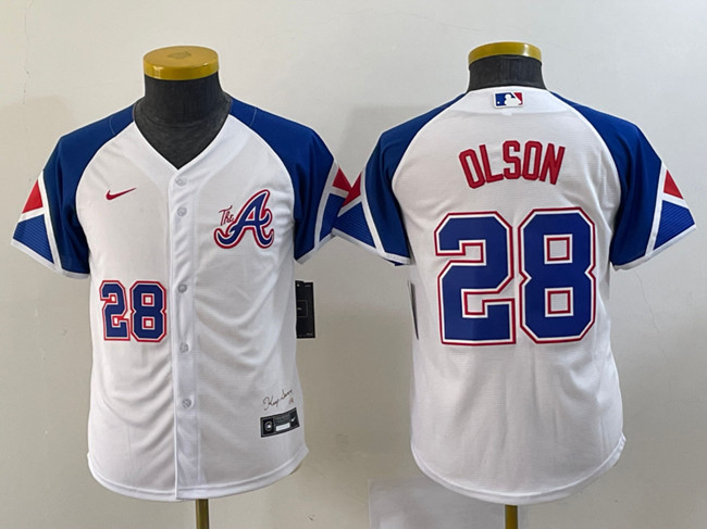 Toddlers Atlanta Braves #28 Matt Olson White 2023 City Connect Stitched Baseball Jersey