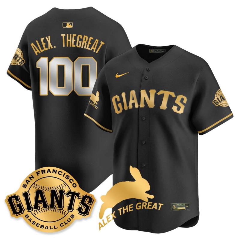 Men's SF Giants 100 ALEX. THEGREAT Rabbit Memories 2025 MLB Nike Jersey Black Gold - All Stitched